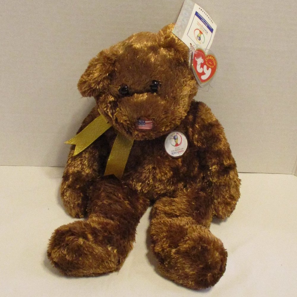 Ty Silk FIFA Soccer NEW 2002 World Olympics Brown Gold Soft Play Teddy Bear